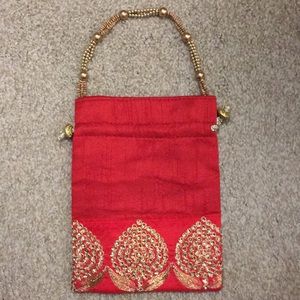 Red gold Beaded raw silk bag, adinl colors avail